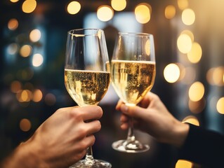 People holding glasses of champagne making a toast with blurred background