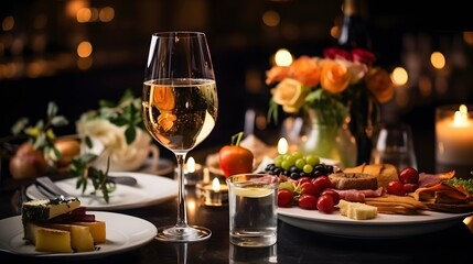 Elegant and select restaurant table Wine Glass and appetizers, on the bar table Soft light and romantic atmosphere dinner wedding service menue 