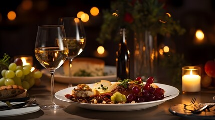 Elegant and select restaurant table Wine Glass and appetizers, on the bar table Soft light and romantic atmosphere dinner wedding service menue  - obrazy, fototapety, plakaty