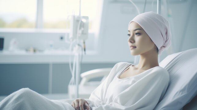 Portrait of the patient woman after chemotherapy&nbsp;female cancer patient wearing head scarf