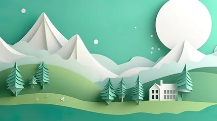 Gordijnen 3d paper cut forest landscape mountain paper cut style natural landscape scene illustration © aporn