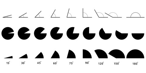 15,30,45,60,75,90,120,150,180 degree icon set.degree of arc and pie chart icon - obrazy, fototapety, plakaty