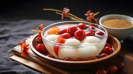 Homemade red and white tangyuan with syrup soup, dried longan pulp, red dates for Winter solstice.