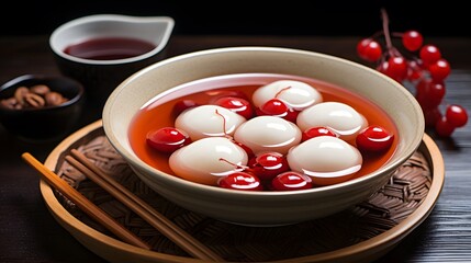 Homemade red and white tangyuan with syrup soup, dried longan pulp, red dates for Winter solstice.