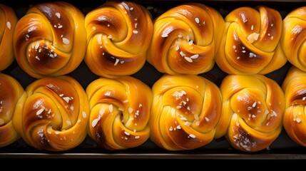 Homemade swedish St Lucia saffron buns. Also called lussekatt or lussebulle, top view. 
