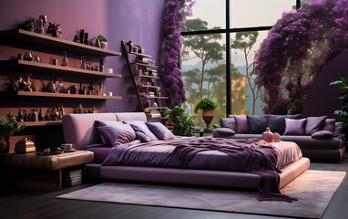 A purple deep and light color bedroom interior design