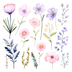 Watercolor cute flowers, stickers, clipart, line cut, watercolour, pastell, glitter, cute Clipart Collection on a transparent background 