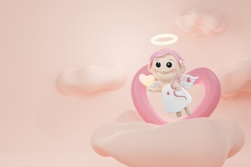 3D illustration of cupid holding a cupid bow and a glowing heart surrounding by fluffy floating clouds on pink background