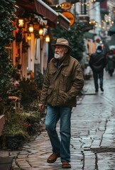 Fototapeta na wymiar Senior man casual street walk, active seniors lifestyle images