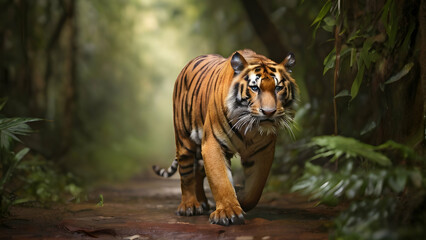 Bengal tiger walking in tropical forest