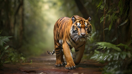 Obraz premium Bengal tiger walking in tropical forest