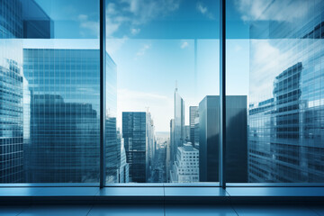 Background image of blue office building glass windows with skyscrapers in the background