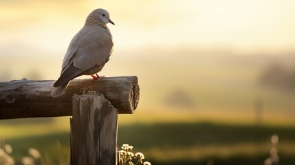 A serene dove perched on a rustic wooden cross, symbolizing peace and tranquility in a countryside setting