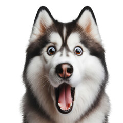 Close-up of Siberian Husky with open mouth isolated on white background. The dog is looking and shocked.