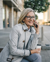 One mature woman outdoors in front of buildings talking on mobile phone and holding a to-go coffee, modern business and lifestyle concept