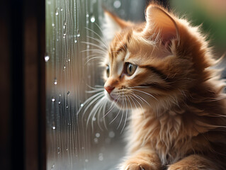 Cute ginger kitten sitting on the window and looking at the rain
