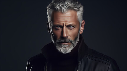 Obraz premium Elegant smiling elderly Caucasian blond man with gray hair with perfect skin, on gray background, banner.