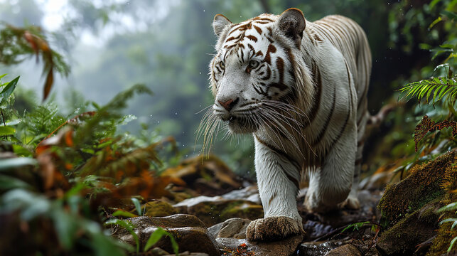 Mythical white tiger walking down the rocks in the forest