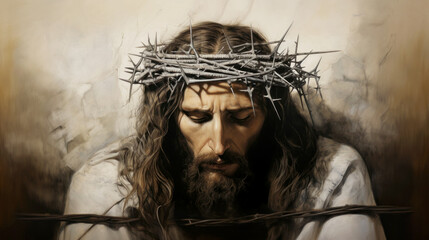 Jesus Christ with crown of thorns. Renaissance oil painting. Easter celebration