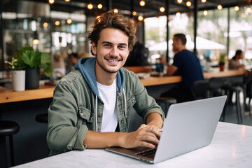 Fototapeta premium Young man working on a laptop