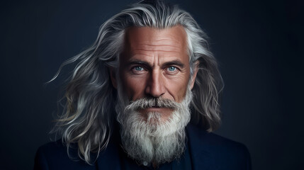 Elegant smiling elderly man with gray and long hair with perfect skin, on a dark blue background, banner. - obrazy, fototapety, plakaty