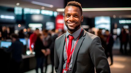 African american sales representative at a conference or in a store selling electronics products - obrazy, fototapety, plakaty