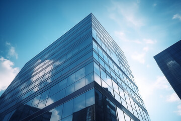 Obraz premium blue glass window office building from an upward angle, with blue sky and white clouds