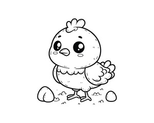 Cute Cartoon Character of Chicken for coloring book without color, outline line art.  Printable Design. isolated white background