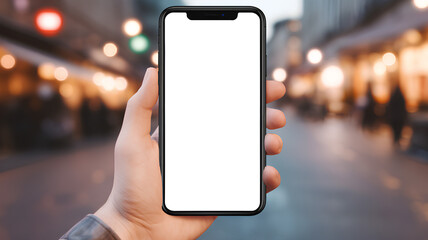 Close-up, Hand Holding a Smartphone with a Blank Empty Screen on a Blurred Street Background. 