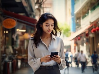 Asian young woman using smartphone in city street