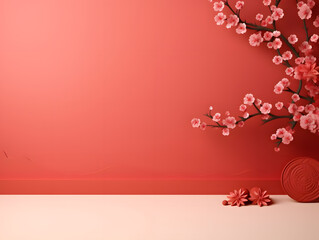 Chinese New Year background with paper cut style, 3d render of red podium for product display