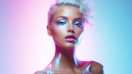 Elegant blonde woman  with glamorous make-up against pink backdrop.