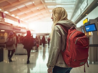 travel at the airport with backpack walking at the gate airport and excited woman with passport  journey and flight schedule search for traveler enjoy trip and holiday