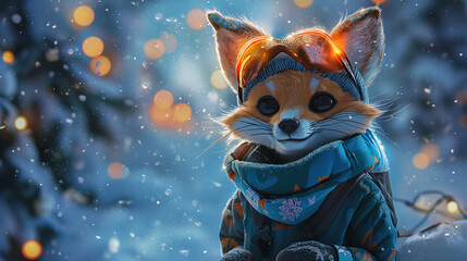 Snowboarding Fox in Winter Wonderland: A Charming 3D Illustration - obrazy, fototapety, plakaty