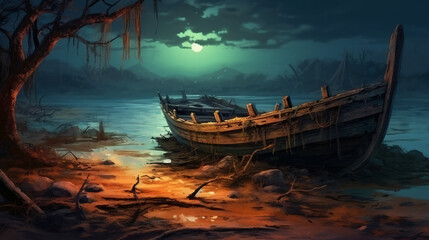 fantasy scenery of the abandoned boat