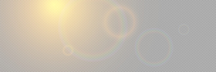 Bright light with glare and reflection of the camera lens. Sun, sun rays, dawn, lens flare on a transparent background. - obrazy, fototapety, plakaty