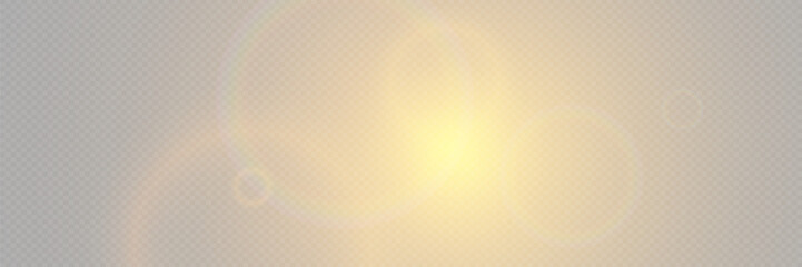 Bright light with glare and reflection of the camera lens. Sun, sun rays, dawn, lens flare on a transparent background. - obrazy, fototapety, plakaty