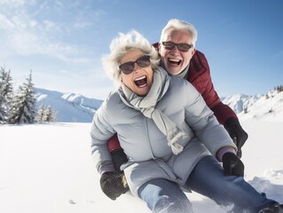 Happy senior couple having fun spending winter vacation in mountains sledding down the slope on a snowy mountain