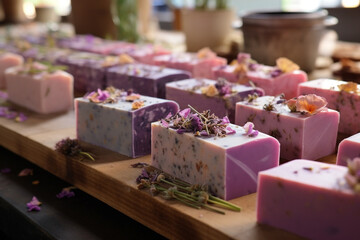 Beauty products, health care, hobbies and leisure concept. Counter with handmade soap bricks background with copy space. Soap made with dry flower blossoms placed on table