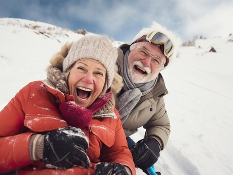 Happy senior couple having fun spending winter vacation in mountains sledding down the slope on a snowy mountain