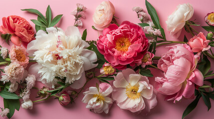 peonies, wild roses and ranunculus on a pastel pink background