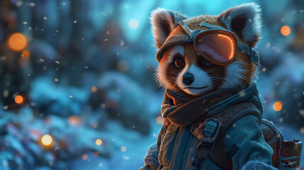 Enchanted Anthropomorphic Raccoon Explorer in Snowy Winter Wonderland