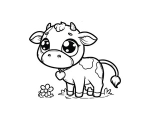 Cute Cartoon Character of cow for coloring book without color, outline line art.  Printable Design. isolated white background