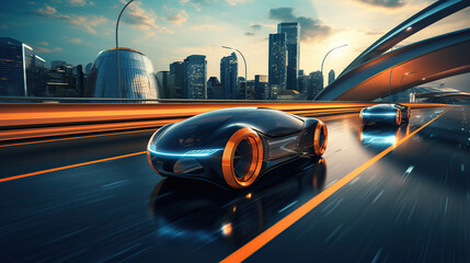 futuristic illustration, cars on the road against cityscape
