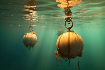 Two buoys suspended underwater with the sun's reflection dancing on the surface, invoking a serene marine atmosphere. - obrazy, fototapety, plakaty