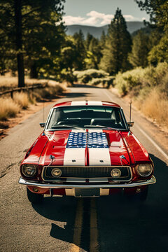 Classic American muscle car with flag paint, open road, copy space