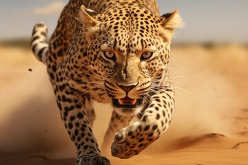 Leopard running toward the camera in the desert. Amazing African Wildlife. Generative Ai 