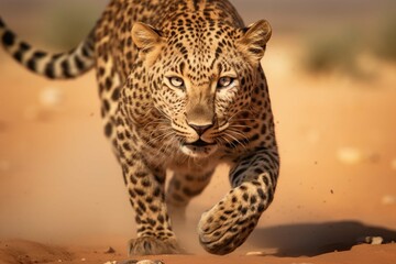 Leopard running toward the camera in the desert. Amazing African Wildlife. Generative Ai 