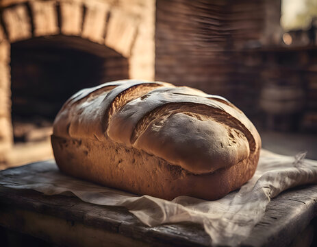 An elongated loaf of bread lies in an old brick vintage oven
