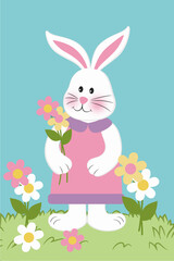 Vector illustration of cute, easter bunny with flowers.